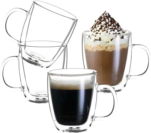 Wlasss Double Wall Insulated Glass Coffee Mugs set of 4-13 oz Clear Hand Blown Glass Coffee Cups with Handle for Cappuccino, Latte,Espresso,Tea Bags,Americano,Beverages, Gifts for Christmas - Image 1