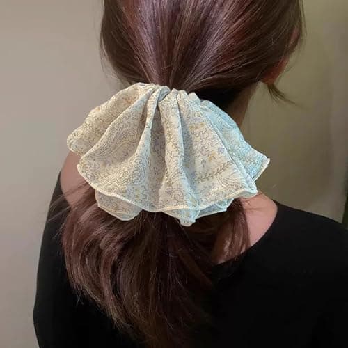 Jseng 2PCS Extra Large Scrunchies for Hair, Boho Floral Hair Ties, Beige and Black - Thumbnail 3