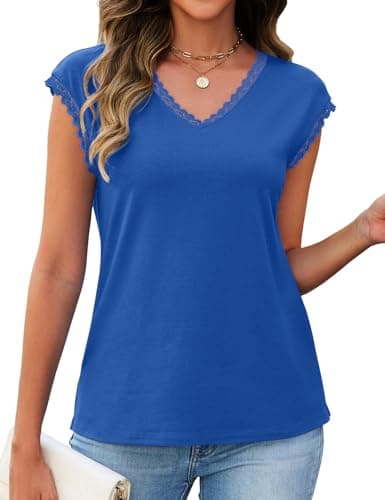 JUSTFASHIONNOW Cap Sleeve Tops V Neck Tshirts Shirts for Women Business Dressy Casual Blouses Plus Size Spring Clothes(Royal Blue,XX-Large) - Thumbnail 5