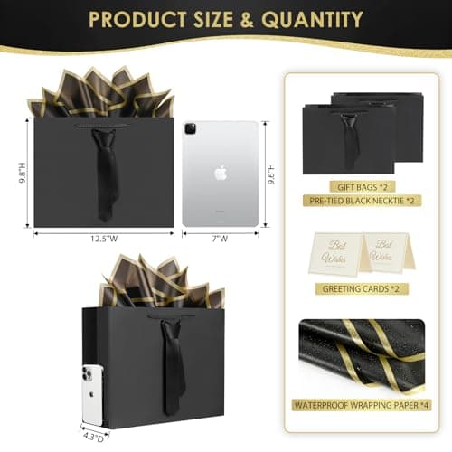 Fathers Day Gift Bags,Birthday gift bags with Handles and Pre-Tied, 4 tissue paper and 2Greeting Cards, thank you gift bags for men , Teacher gift bags,Graduation Party Wedding gift-bags (Medium black/green) - Thumbnail 2