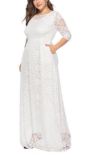 Eternatastic Womens Floral Lace 2/3 Sleeves Maxi Dress Evening Party Long Dress 6XL White - Thumbnail 4