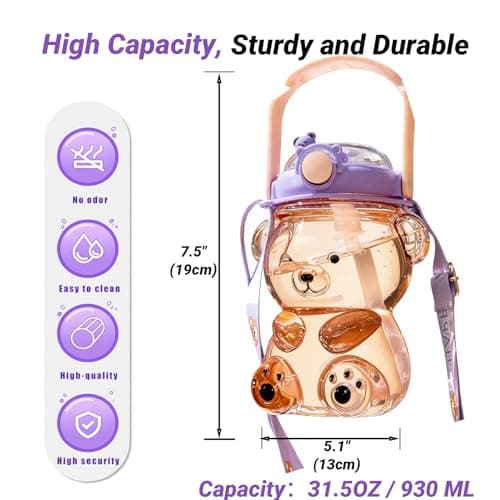 DegoCython Kawaii Bear Straw Water Bottle for Kids 31.5oz (930ml) - Leak Proof One Touch, BPA Free, Adjustable Removable Shoulder Strap, Cute Water Bottle for Boys Girls, Purple, Phone Holder Lid - Thumbnail 3