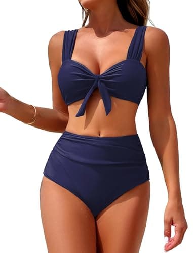 ZAFUL Teen Bikini Sets for Women High Waisted Bathing Suit Tummy Control Two Piece Swimsuit Push Up Vintage Swim Suit 2026 Tie Knot Front Ruched Swimwear Dark Blue S - Image 1