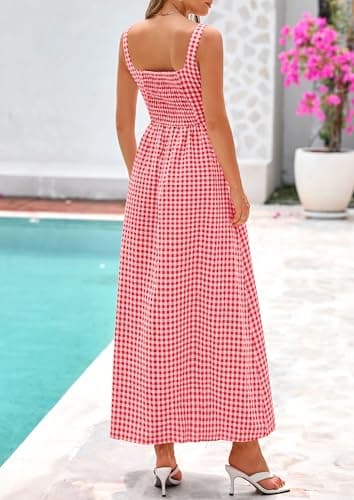 PRETTYGARDEN Women's 2026 Summer Spaghetti Strap Maxi Dresses Plaid Square Neck A Line Casual Beach Vacation Long Sundress (Brilliant Red,Large) - Thumbnail 2