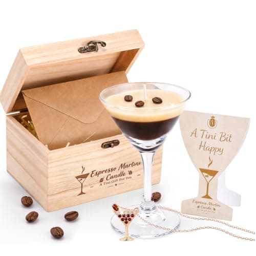 Martini Coffee Candle Gift Set with Necklace & Greeting Card, Espresso Scented Soy Wax Candle in Martini Glass, Cocktail Gift for Women, Birthday, Valentine's Day (Martini Coffee Candle)