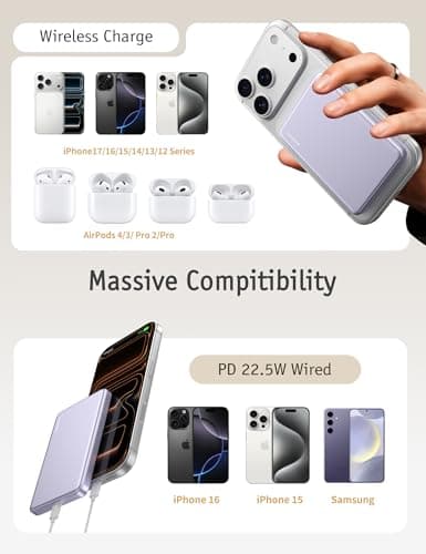 RORRY for Magsafe Portable Charger, 10000mAh Ultra Slim Magnetic Power Bank, 22.5W Fast Charging Wireless Portable Charger, USB C Battery Pack for iPhone 17/16/15/14/13/12 Plus Pro Max, Purple - Thumbnail 6