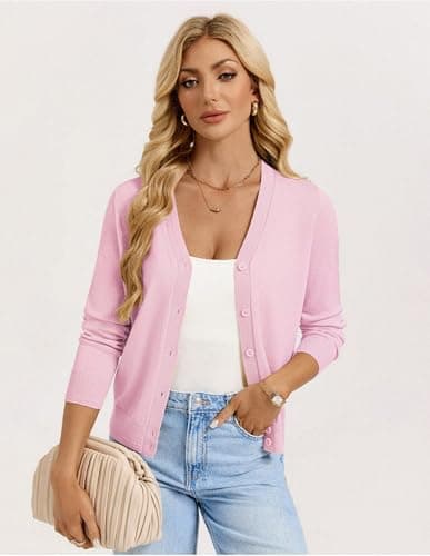 GRACE KARIN Womens Pink Cardigan Sweaters Lightweight Button Up Spring Cardigans Knit Shrug Trendy Summer Outfits L - Thumbnail 2