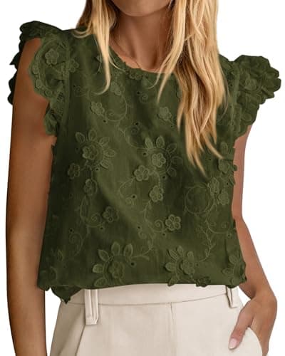 KIRUNDO Blouses for Women Dressy Casual Lace Ruffle Cap Sleeve Tops 2026 Summer Eyelet Floral Embroidered Cute Boho Shirts(Army Green, Small) - Image 1