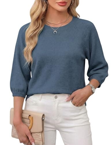Tanming Womens Puff Short Sleeve Sweater Crew Neck Casual Outfits Work Blouses Pullover Sweaters Knit Tops(Navy-M) - Image 1