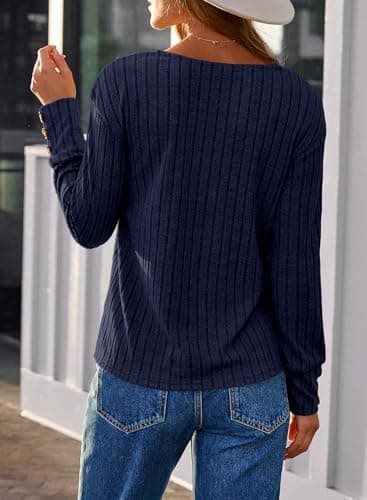 Dokotoo Long Sleeve Shirts for Women V Neck Cute Soft Solid Button Detail Tunic Womens Tops for Women Trendy Blouses Comfortable Oversized Sweaters Womens Clothes Plus Size Fall Fashion 2025 Blue S - Thumbnail 2