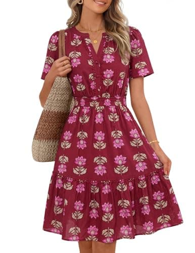 MEROKEETY Women's 2026 Spring Summer Floral Dress V Neck Short Sleeve Button A Line Boho Beach Flowy Vacation Dresses, Wine, Small