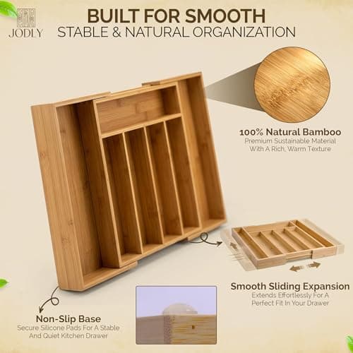 JODLY Bamboo Kitchen Utensil Drawer Organizer for Silverware | 100% Natural Expandable 14-20 Inch Kitchen Drawer Organizers for Utensils | Non-Slip Base | Screwed Joints for Long-Lasting Durability - Thumbnail 2