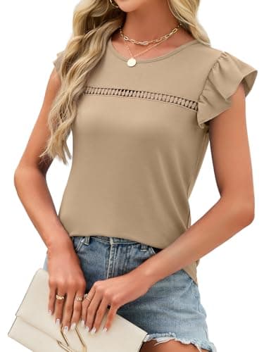 JUSTFASHIONNOW Womens Ruffle Short Sleeve Tops Cute Summer Shirts Business Dressy Casual Crew Neck Blouses 2026 Fashion Outfits(Khaki,Large) - Thumbnail 4