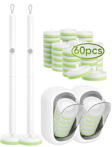 LEGUO Wall Mounted Disposable Toilet Brush System with Holder, Toilet Bowl Cleaning Wand with Green Refills and One-Button Release, 2 Wands and Holders with 60 Green Refills