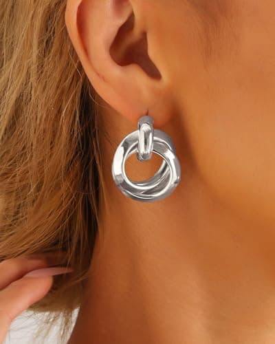 UANNEAU Chunky Silver Earrings for Women Trendy 14k Gold Plated Statement Triangle Stud Earrings Hypoallergenic Lightweight Geometric Vintage Drop Earring Jewelry - Thumbnail 2
