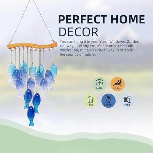 Wind Chimes Blue Glass Sea, Garden Wind Chime for Home, Beach Party, Festival Decor, Glass Garden Patio Yard Porch Decoration Indoor/Outside, Lifelike Fish Style - Thumbnail 4