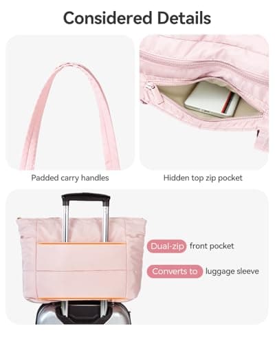 Moyad Puffer Tote Bag for Women, Quilted Work Bags with Compartments, Puffy Handbag for Everyday, Work, Travel, Gym, Pink - Thumbnail 5