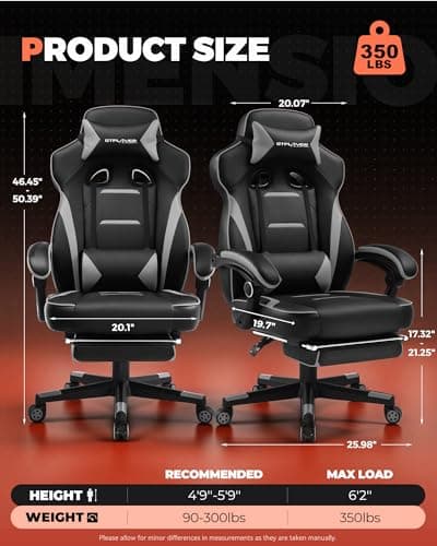 GTPLAYER Gaming Chair for Adults, Big and Tall 350LBS Heavy Duty Office Chair, Ergonomic High Back Lumbar Support and Recliner for Back Pain Relief, Sky Gray - Thumbnail 3
