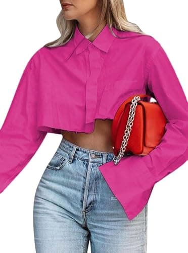 Cropped Tunic Button Down Shirt Women Loose Fit Long Sleeve Irregular Hem Blouse Tops Rose Red XL - Image 1