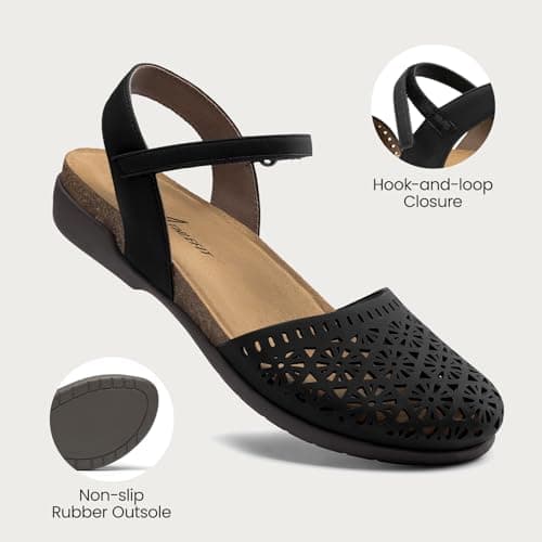 Athlefit Women's Closed Toe Sandals Comfort Cork Footbed Arch Support Flat Sandals Black Hollow Size 11 - Thumbnail 5