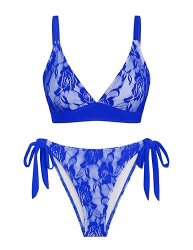 seamoly 2 Pieces Lace Bikini V-Neck Swimsuits for Women Tie Side Bikini Set Royal Blue XS - Image 1