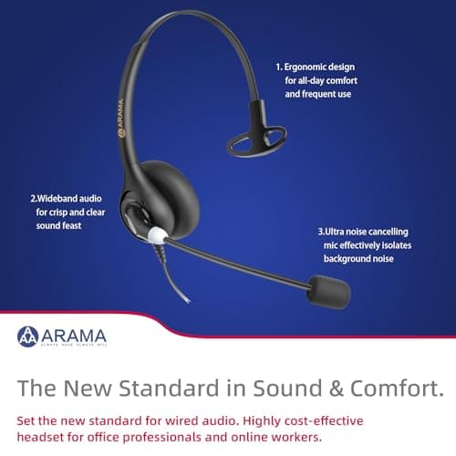 Arama Cordless Phone Headset for Landline Phone, 2.5mm Jack Telephone Headset with Noise-Cancelling Mic & Volume Control, Wired Headset Compatible with Panasonic AT&T Vtech Uniden - Thumbnail 2