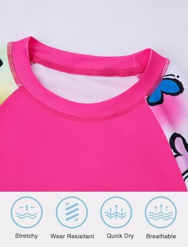 Seanrui Girls' Swimwear Size 8 Long Sleeve Bathing Suit for Kids Rash Guard Swim Top with Shorts Pink Butterfly - Thumbnail 4
