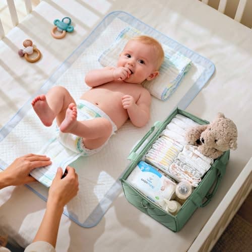 VKSAO Baby Essentials Diaper Caddy Organizer – Portable Storage Basket with Shoulder Strap & Stroller Hooks, Splashproof Quilted Nursery & Car Tote, Gender Neutral Gifts for Baby Shower, Sage Green - Thumbnail 5