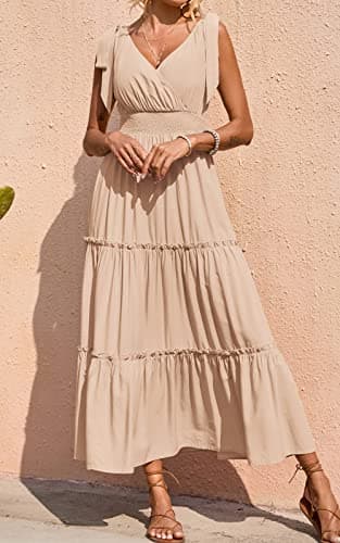 PRETTYGARDEN Women's Summer Dresses 2026 Boho Spaghetti Strap Tiered Maxi Dress Beach Tie Strap Smocked Long Dresses Pleated Sundress (Apricot,X-Large) - Thumbnail 2