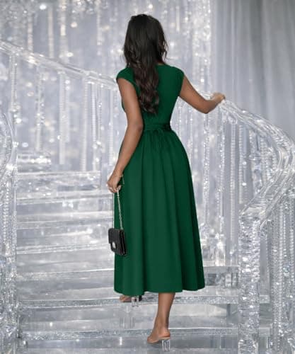 ABKY Womens Midi Dresses Deep V Neck Cap Sleeve Back- Tie A-Line Swing Dress with Pocket Party Foraml Date Night Prom Outfits Green 2XL - Thumbnail 6