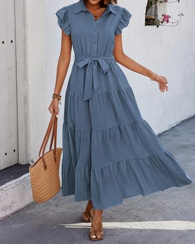 dowerme Women's Summer Casual Dresses 2026 Cap Ruffle Sleeve V Neck Button Belted Tiered Boho Maxi Dress with Pockets(Grey Blue,Medium) - Thumbnail 6