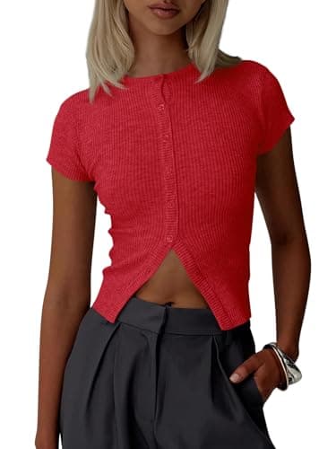 Imily Bela Womens Short Sleeve Sweater Tops Summer Button Down Casual Ribbed Knit Slim Fit Cropped Cardigan Shirts - Image 1
