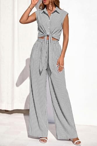 PRETTYGARDEN 2 Piece Sets For Women Summer Striped Button Down Tie Front Crop Tops Wide Leg Pants Floral Lounge Set 2026(Striped Black,Small) - Thumbnail 5