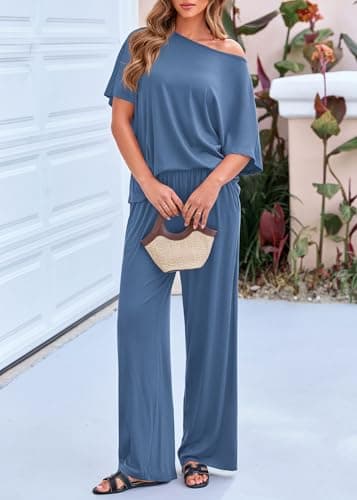 KIRUNDO Lounge Sets for Women Airport Travel Outfit 2026 Summer Off the Shoulder Tops Wide Leg Pants 2 Piece Matching Set(Blue, XX-Large) - Thumbnail 5