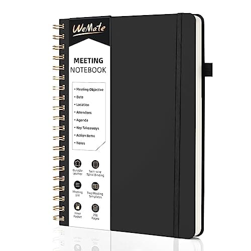 WEMATE Meeting Notebook for Work B5 (7"x10") - PU Leather Work Notebook with Agenda, Action Items & Notes - 200 Pages for Men&Women, Staff and Students, Meeting, Projects Planning - Black