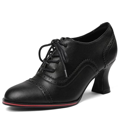 Yremael Women's Black Oxfords Dress Wingtip Vintage Comfortable Chunky High Heel Lace Up Brogues Booties - Image 1