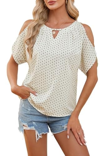 Women Cold Shoulder Tops Casual Summer Short Sleeve Crew Neck Dressy Work Blouses Dot Pints Chiffon Tunic Shirts AP S - Image 1
