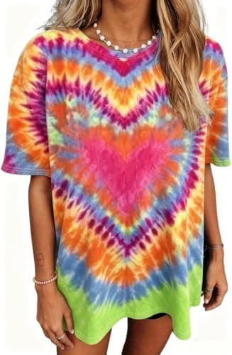 QIXYN Women Oversized Tie Dye Shirt 60s 70s Hippie Shirt Peace Love Graphic Tee Crew Neck Tshirt Vintage Hippie Style Tops