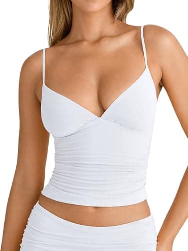 PINKMSTYLE White Spaghetti Strap Tank Top Tight Double Lined V Neck Slim Y2k Cami Tank Tops for Women Summer Sleeveless Shirts White X-Large - Image 1
