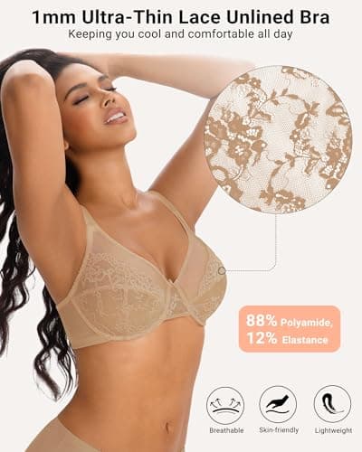 As Fairy Womens Minimizer Unlined Lace Bra 1mm Ultra Thin Sheer Breathable Full Coverage Underwire Plus Size Bras(Warm Beige 36D) - Thumbnail 2