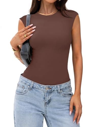 PINKMSTYLE Womens Tank Top Bodysuit Double Lined Crew Neck Summer Basic Sleeveless Going Out Body suits Tops Coffee Large - Thumbnail 4