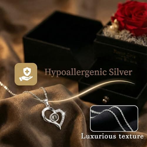Preserved Red Real Rose, S925 Necklace with Heart I Love You in 100 Languages, Eternal Flowers Rose Birthday Gifts for Women Her Mom Wife Girlfriend on Valentine's Day, Birthday, Mother's Day (Red) - Thumbnail 4