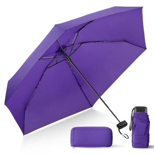 Mini Travel Umbrella with Case Small Purse Compact Sun Rain Dark Purple