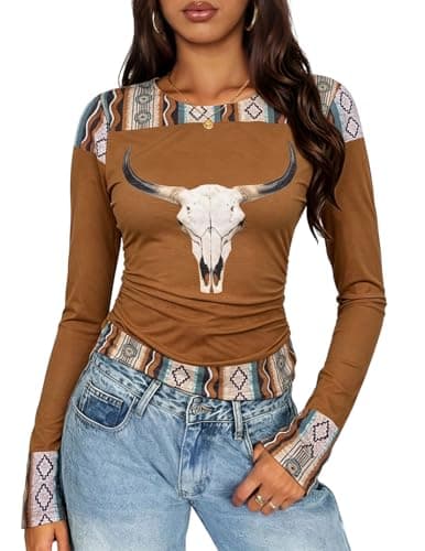 Cow Skull Print Mesh Top for Women Western Aztec Geometric Long Sleeve Shirt Cowgirl Crewneck Sexy Undershirt - Image 1