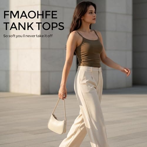 FMAOHFE Tank Tops for Women Square Neck Double Lined Camisole, Basic Adjustable Spaghetti Strap Sleeveless Summer Cami Shirts Mocha - Thumbnail 5