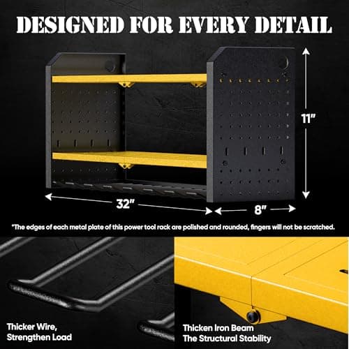 Nacial Power Tool Organizer Wall Mount, 8 Drill Holder Wall Mount with 3 Layer Cordless Tool Organizer, Heavy Duty Tools Organizer with 12 Hooks, Power Tool Storage for Garage Organization, Yellow - Thumbnail 5