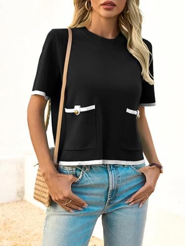 Saodimallsu Womens Short Sleeve Sweater Color Block Crew Neck Summer Crop Tops Loose Casual Knit Shirts with Pockets Black - Thumbnail 4