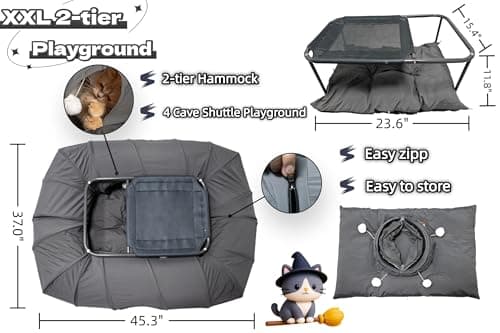 XxingSheep 2-Tier Cat Tunnel & Hammock Bed XXL, 4 Cave Shuttle with Elevated for Multiple Cats Toy Dark Grey - Thumbnail 6