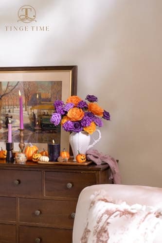 TINGE TIME Artificial Flowers, Fake Rose Silk Dahlia with Stems for DIY Bridal Wedding Bouquets Baby Shower Floral Arrangements Centerpiece Table Party Home Decorations (Burnt Orange and Purple) - Thumbnail 4