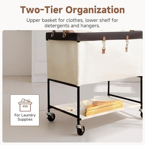 StorageWorks Laundry Cart, 2 Tier Rolling Laundry Basket, Heavy Duty Laundry Basket with Lockable Wheels, Laundry Room Organization and Storage, Clothes Hamper for Bedroom, Dorm, Closet, 46Gal, Beige - Thumbnail 5